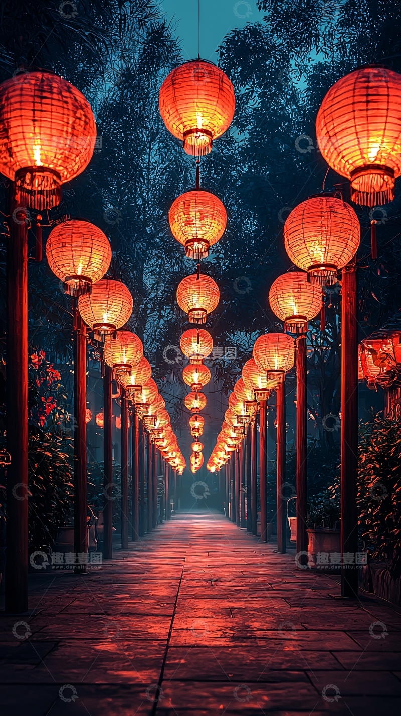 高清大图下载【趣麦麦图】红灯笼长廊夜景