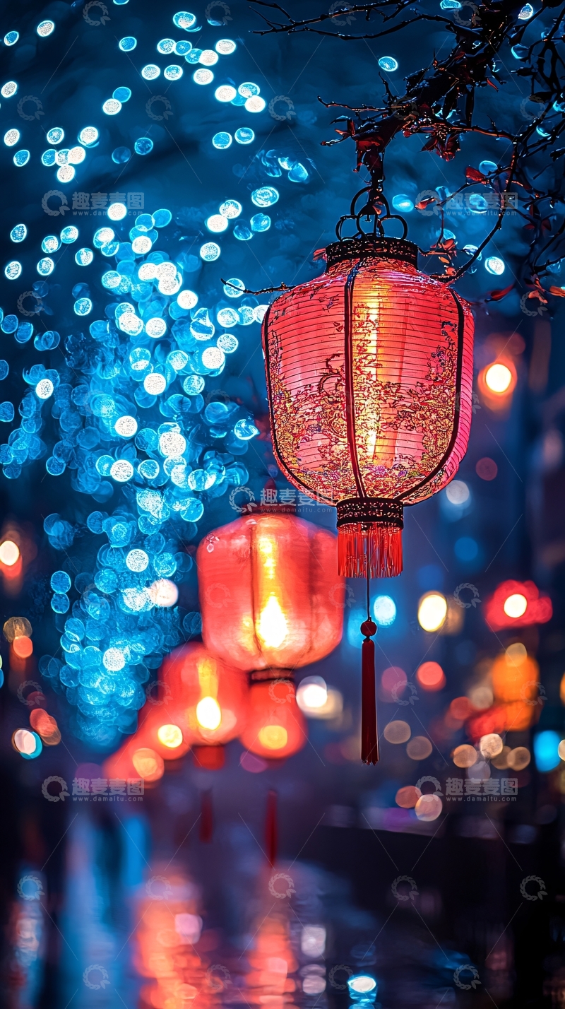 高清大图下载【趣麦麦图】夜色朦胧红灯笼夜景
