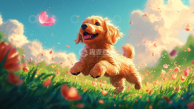 高清大图下载【趣麦麦图】金毛幼犬奔跑田野