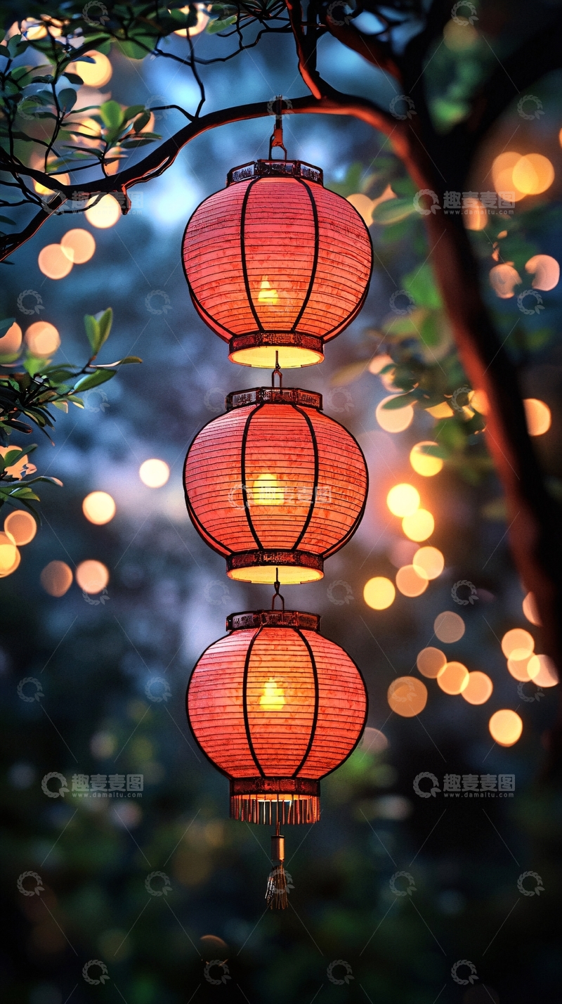 高清大图下载【趣麦麦图】树上挂着三个红灯笼