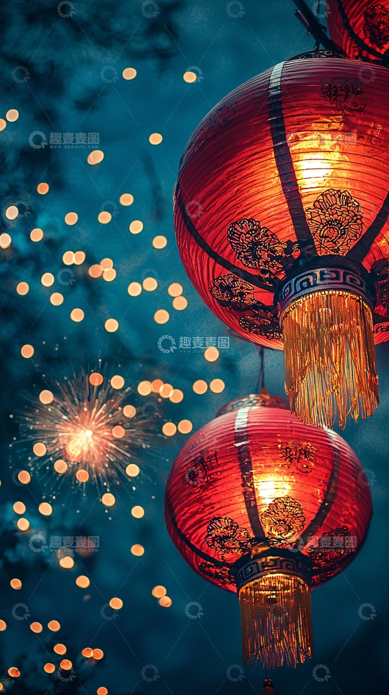 高清大图下载【趣麦麦图】夜空中绽放的红色中国灯笼