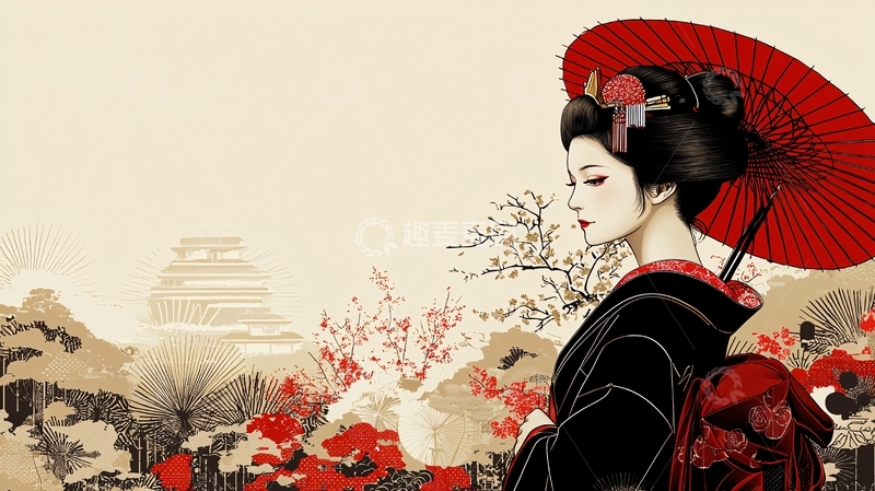 高清大图下载【趣麦麦图】红伞艺妓日本风情画