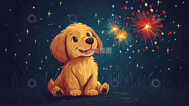 高清大图下载【趣麦麦图】小狗看烟花