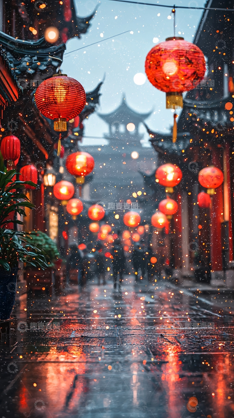 高清大图下载【趣麦麦图】雪夜古镇红灯笼