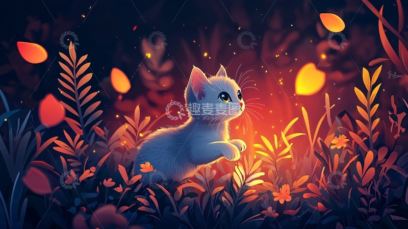 高清大图下载【趣麦麦图】小猫在发光的花丛中