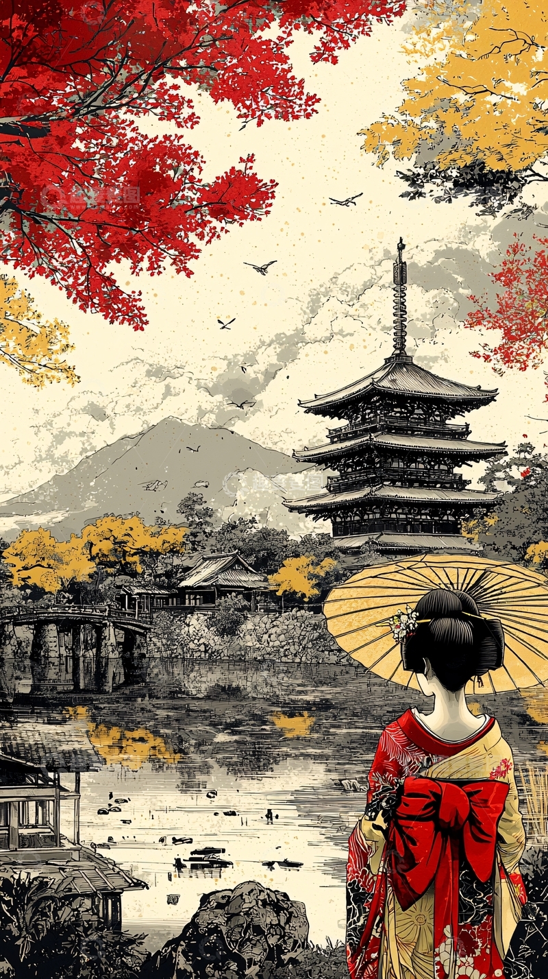 高清大图下载【趣麦麦图】红叶秋景日本艺妓