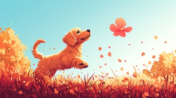 金毛幼犬追逐落叶