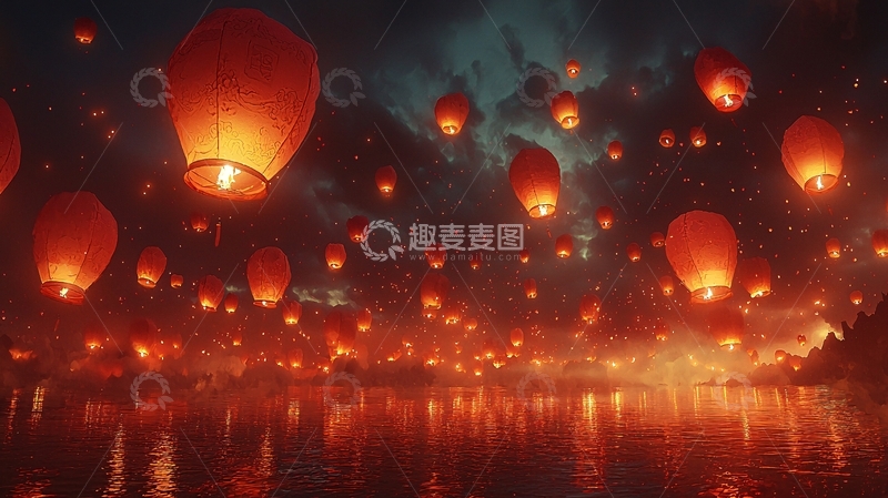 高清大图下载【趣麦麦图】夜空中飞舞的红灯笼