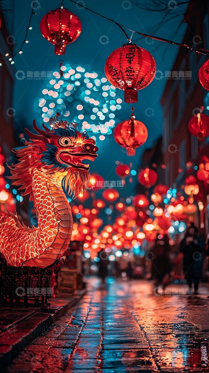高清大图下载【趣麦麦图】夜景街道红灯笼龙