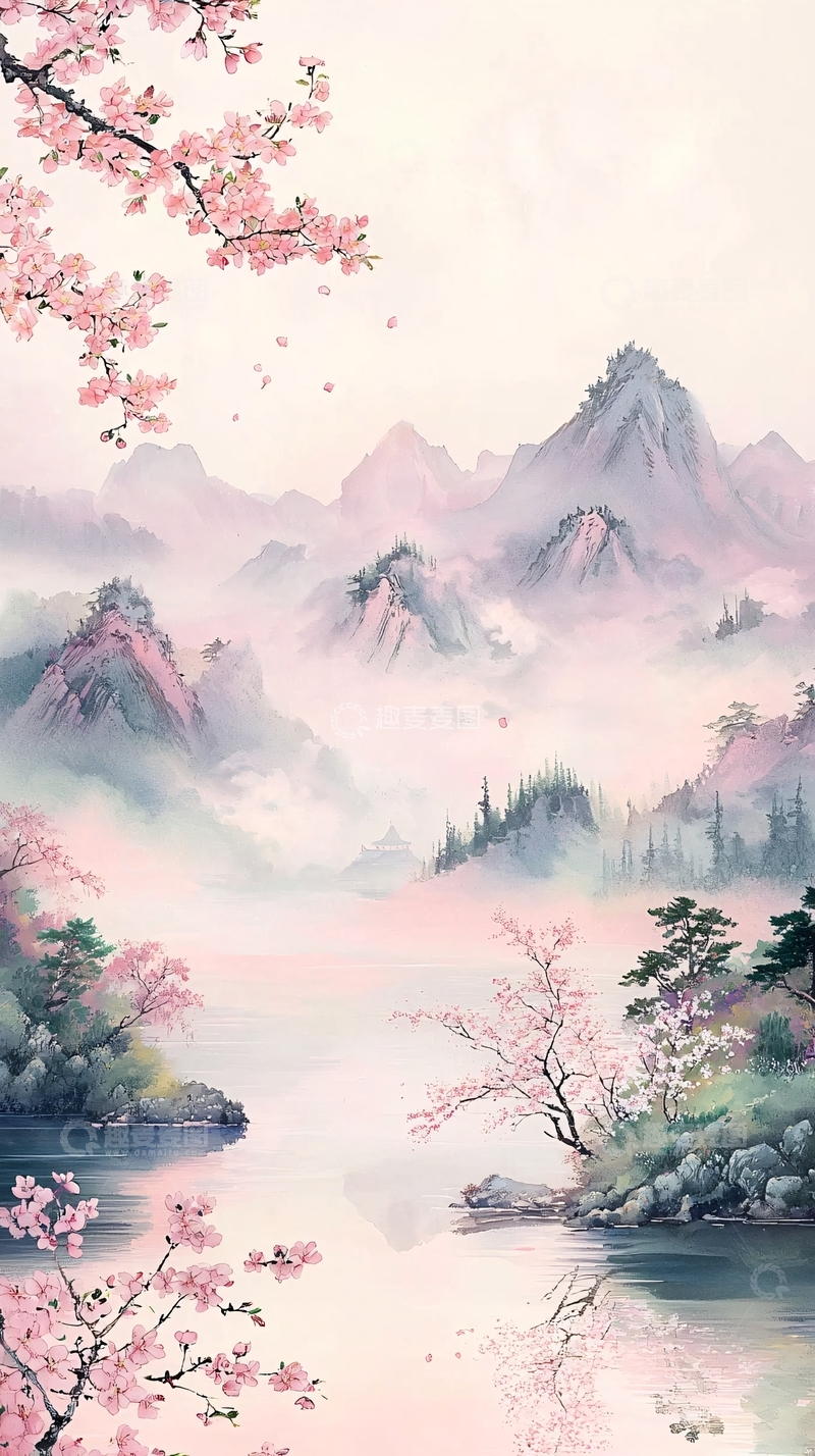 高清大图下载【趣麦麦图】唯美意境樱花山景图