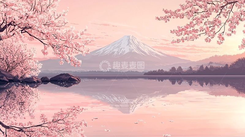 高清大图下载【趣麦麦图】富士山樱花湖泊倒影