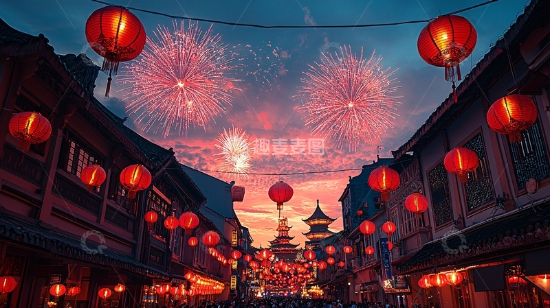 高清大图下载【趣麦麦图】红灯笼下的烟火夜景