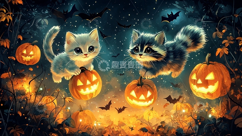 高清大图下载【趣麦麦图】可爱卡通猫浣熊南瓜灯