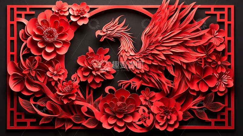 高清大图下载【趣麦麦图】红色剪纸凤凰花卉