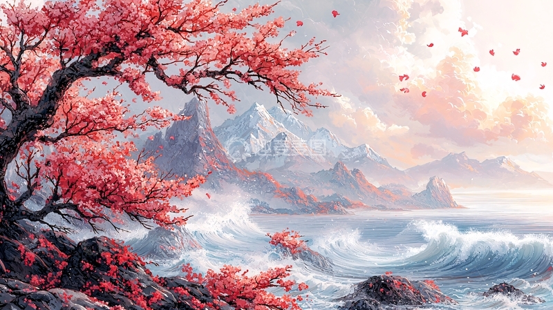 高清大图下载【趣麦麦图】粉红樱花树海边雪山风景