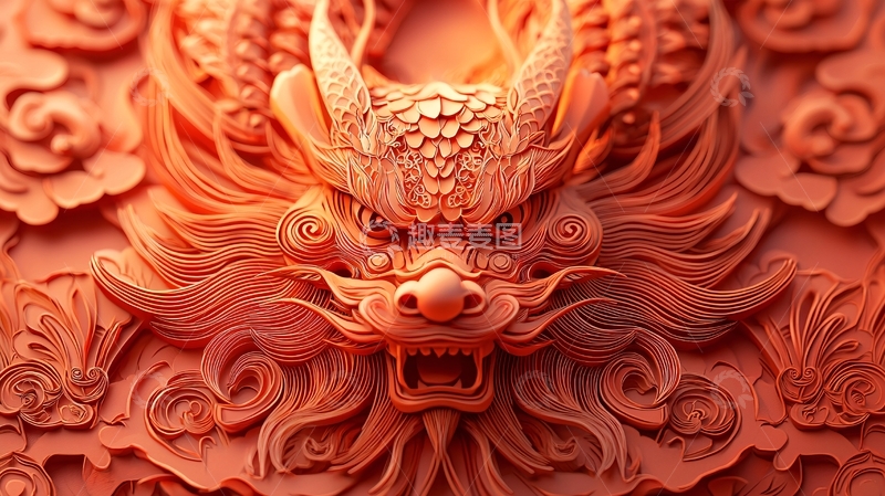 高清大图下载【趣麦麦图】精美雕刻的红色龙纹浮雕