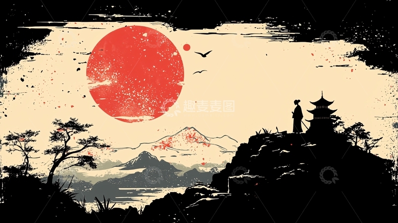 高清大图下载【趣麦麦图】日式复古剪影山水画