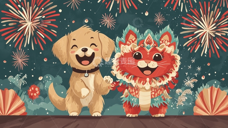 高清大图下载【趣麦麦图】新年快乐狗狗猫咪