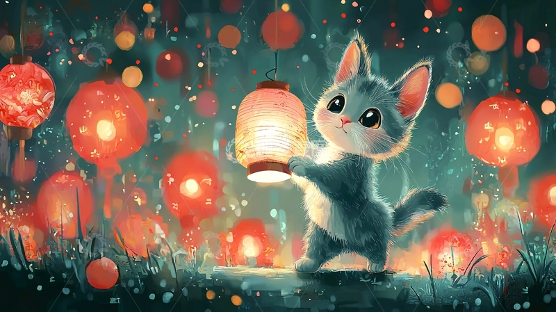 高清大图下载【趣麦麦图】小猫提灯梦幻场景