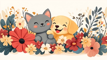 猫咪狗狗花朵插画