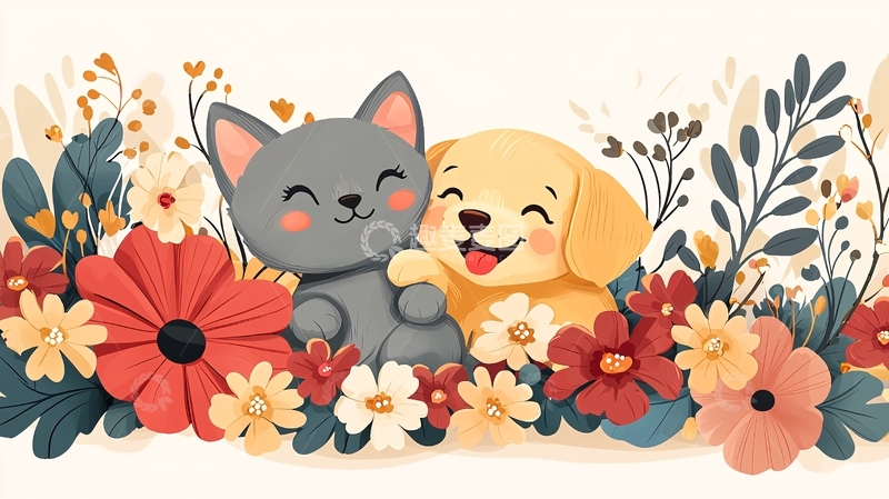 高清大图下载【趣麦麦图】猫咪狗狗花朵插画