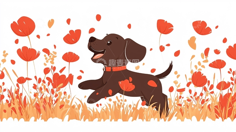 高清大图下载【趣麦麦图】小狗在罂粟花田里玩耍