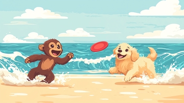 猴子和金毛犬海边玩飞盘