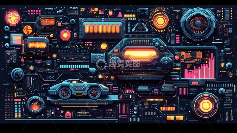 高清大图下载【趣麦麦图】赛博朋克风格汽车组装线