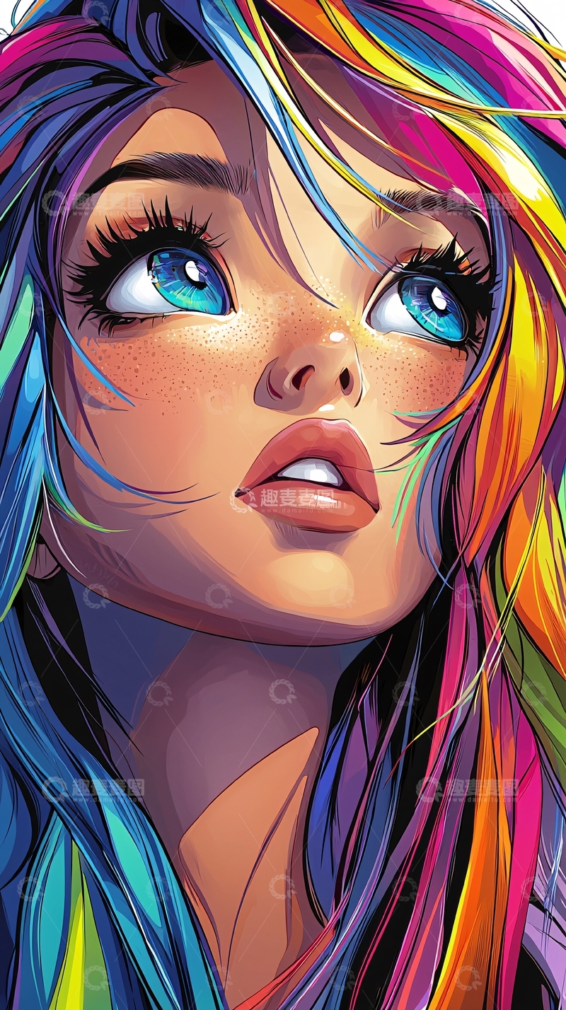 高清大图下载【趣麦麦图】彩虹头发女孩
