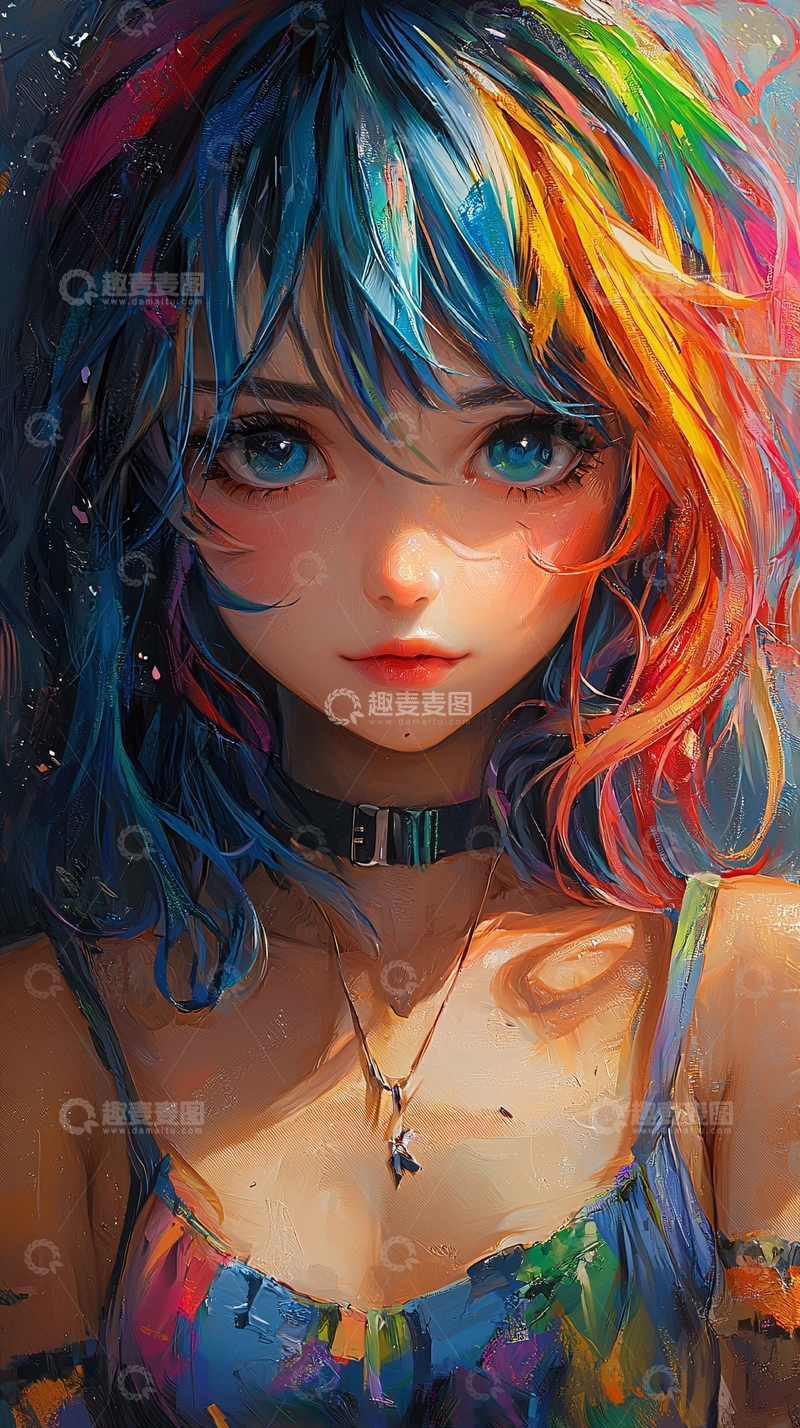 高清大图下载【趣麦麦图】彩虹色头发的动漫女孩