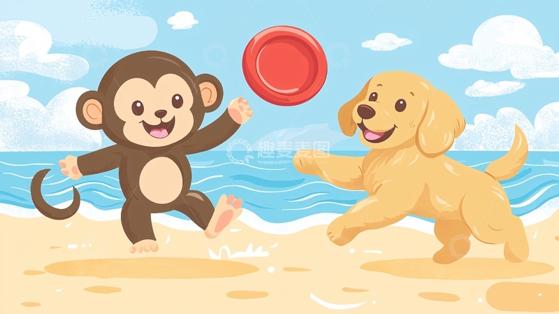 高清大图下载【趣麦麦图】猴子和狗狗玩飞盘