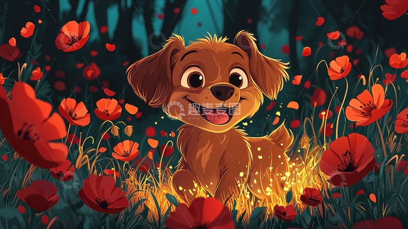 高清大图下载【趣麦麦图】小狗在罂粟花田里