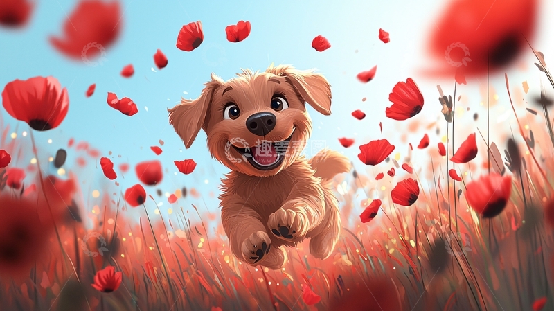 高清大图下载【趣麦麦图】金毛幼犬在罂粟花田奔跑