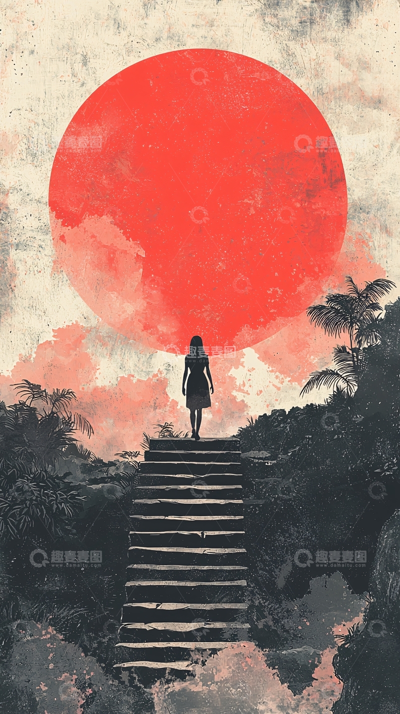 高清大图下载【趣麦麦图】红日之下女孩走向阶梯