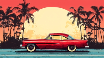 复古红车日落棕榈树