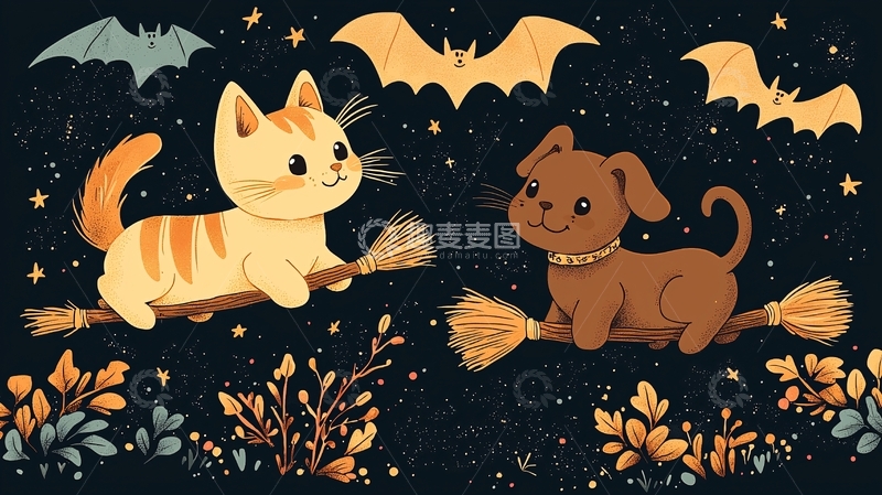 高清大图下载【趣麦麦图】猫咪和小狗骑着扫帚