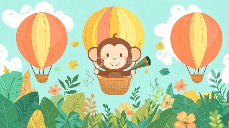高清大图下载【趣麦麦图】猴子热气球