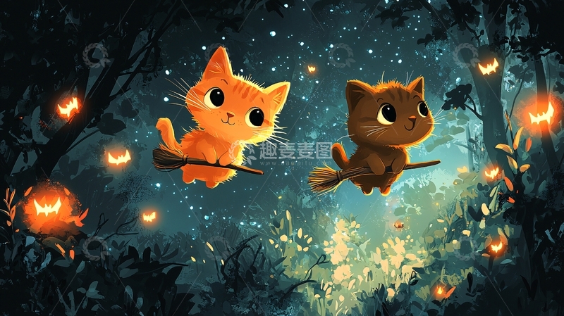 高清大图下载【趣麦麦图】萌猫骑扫帚飞过森林