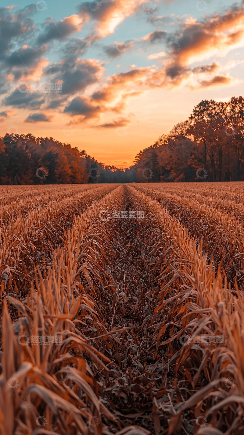高清大图下载【趣麦麦图】日落田野麦浪秋收