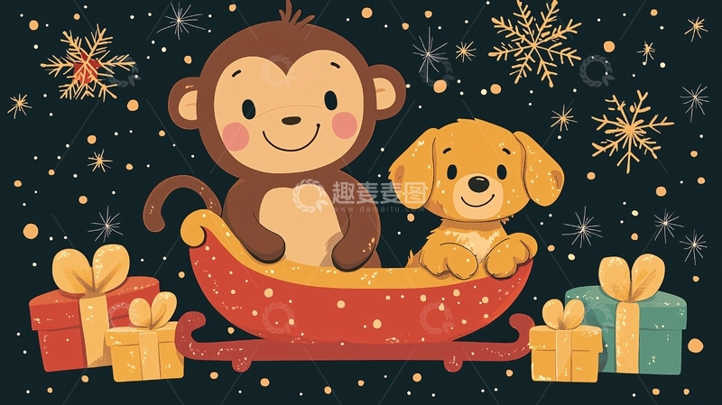 高清大图下载【趣麦麦图】卡通猴子狗狗圣诞雪橇