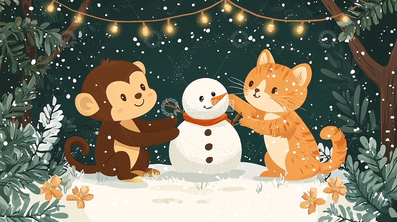 高清大图下载【趣麦麦图】小猴子和小猫堆雪人