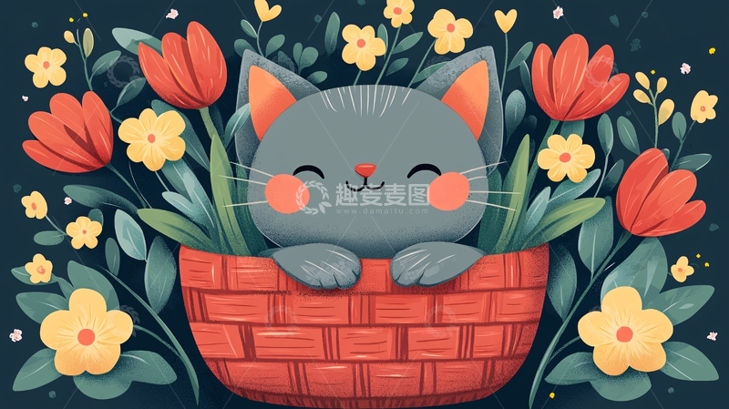 高清大图下载【趣麦麦图】小猫花篮插画