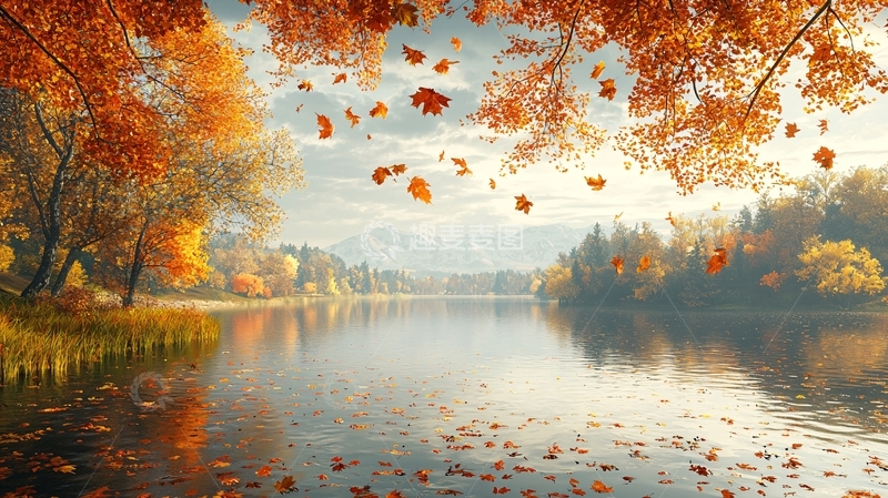 高清大图下载【趣麦麦图】秋叶飘落湖面倒影