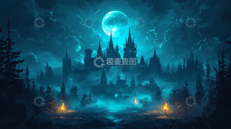 高清大图下载【趣麦麦图】蓝月下的哥特式城堡
