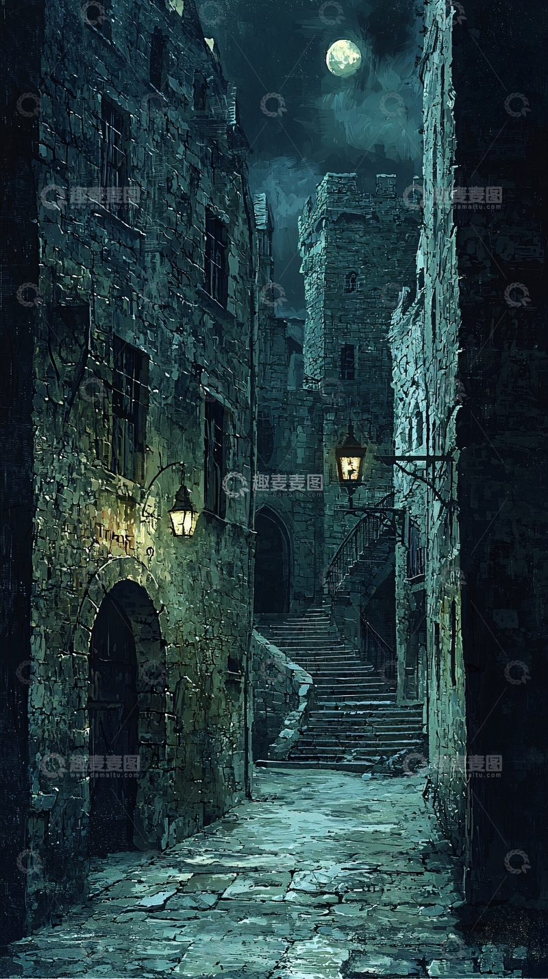 高清大图下载【趣麦麦图】月夜古城石板路