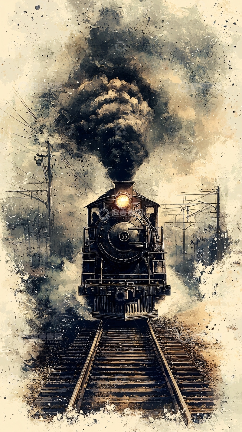 高清大图下载【趣麦麦图】蒸汽火车复古意境图