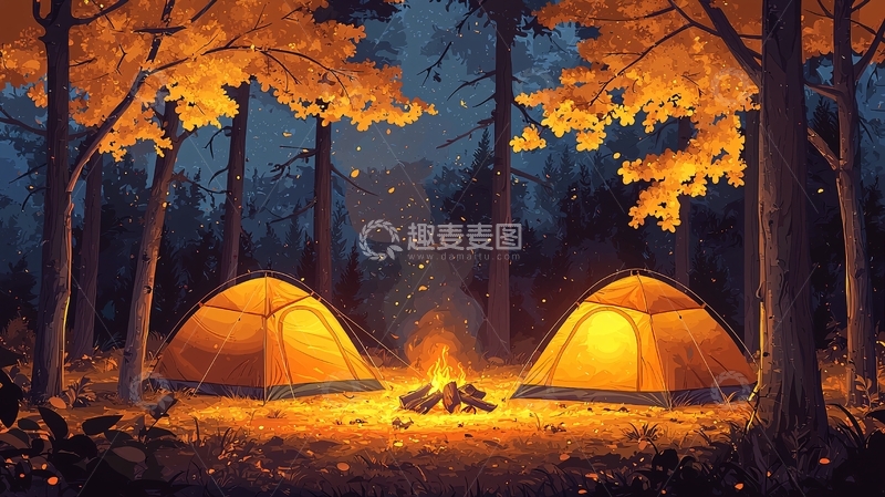 高清大图下载【趣麦麦图】秋夜森林营地篝火
