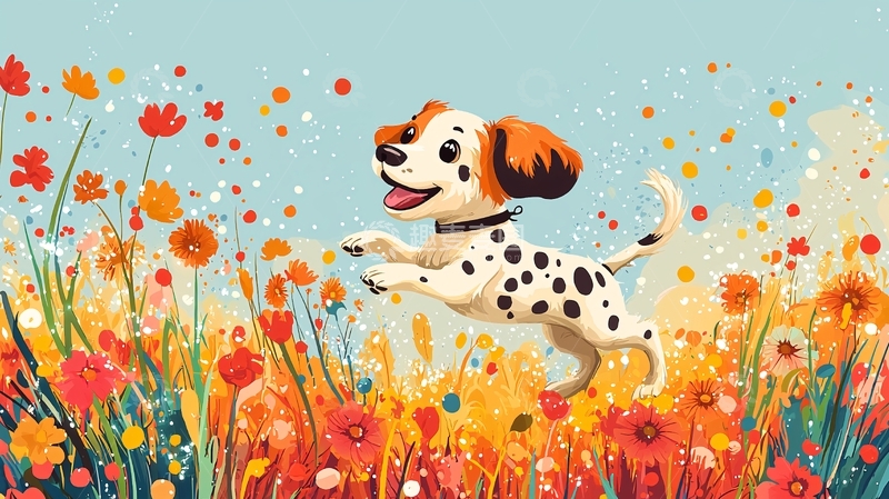 高清大图下载【趣麦麦图】小狗在花田里快乐地跳跃