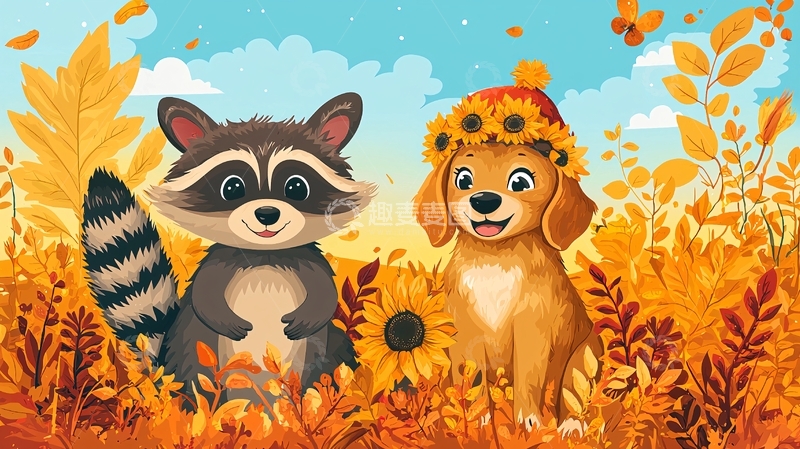 高清大图下载【趣麦麦图】秋日田园浣熊狗狗