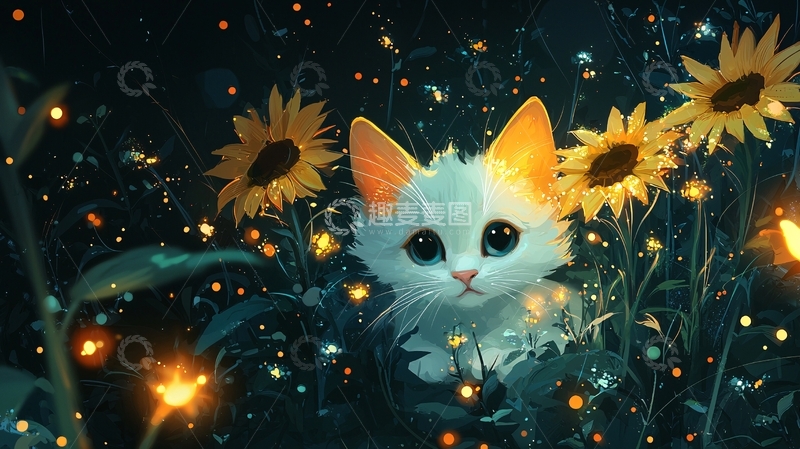 高清大图下载【趣麦麦图】可爱猫咪向日葵萤火虫